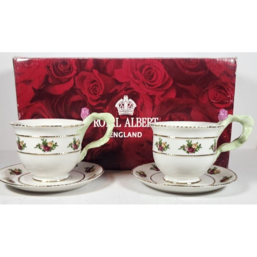 Royal Albert Old Country Roses Teacup & Saucer Set Of 2 Leaf Rosebud Handle NIB